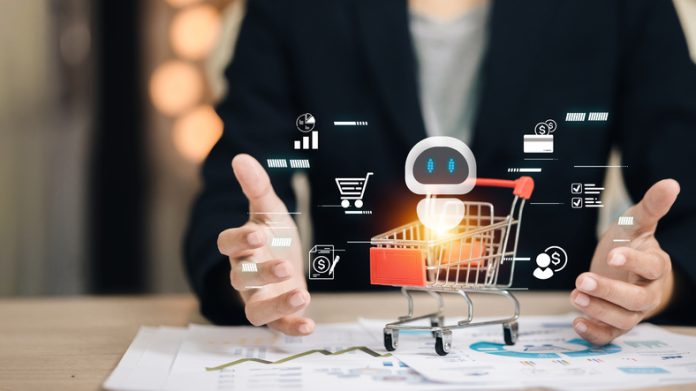 Artificial intelligence chatbot with shopping cart symbolizing e-commerce, online retail, digital marketing and automated customer service for future business solutions.AI Shopping Agents