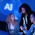 Talents in the AI Era. Team strategizing in the workplace with the use of technology