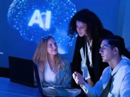 Talents in the AI Era. Team strategizing in the workplace with the use of technology