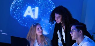 Talents in the AI Era. Team strategizing in the workplace with the use of technology