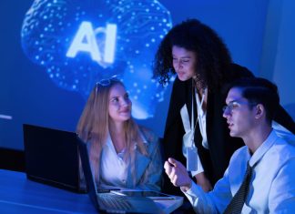 Talents in the AI Era. Team strategizing in the workplace with the use of technology