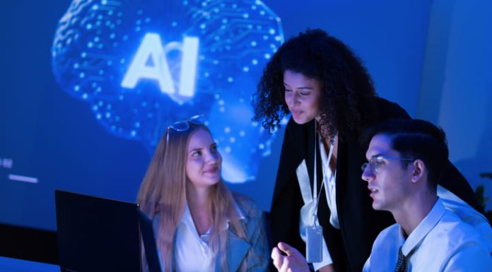 Talents in the AI Era. Team strategizing in the workplace with the use of technology
