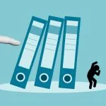 Boss pushing falling binders onto scared office worker. Culture afraid to commit mistake concept