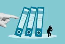 Boss pushing falling binders onto scared office worker. Culture afraid to commit mistake concept