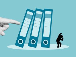 Boss pushing falling binders onto scared office worker. Culture afraid to commit mistake concept