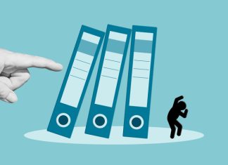 Your Team Hides Mistakes Out of Fear: Building a Culture of Growth Boss pushing falling binders onto scared office worker. Culture afraid to commit mistake concept