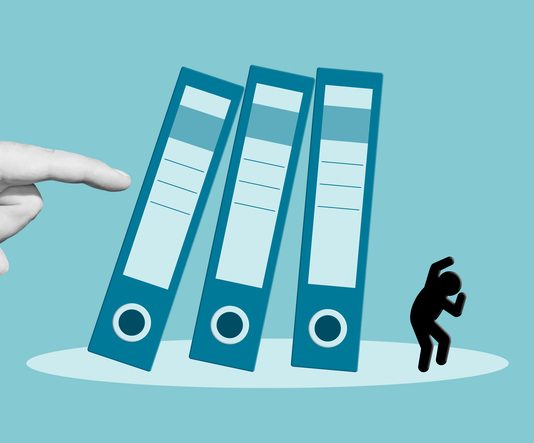 Boss pushing falling binders onto scared office worker. Culture afraid to commit mistake concept