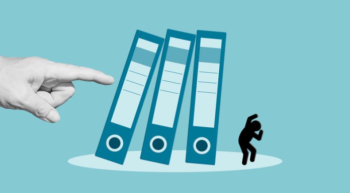 Boss pushing falling binders onto scared office worker. Culture afraid to commit mistake concept