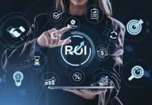 Businesswoman interacting with financial automation ROI icons on digital interface