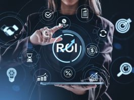 Businesswoman interacting with financial automation ROI icons on digital interface