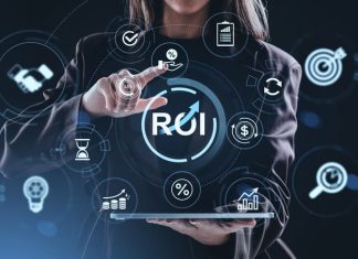 Businesswoman interacting with financial automation ROI icons on digital interface