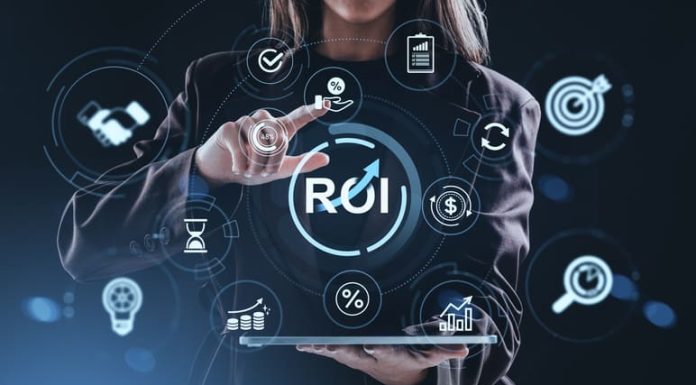 Businesswoman interacting with financial automation ROI icons on digital interface