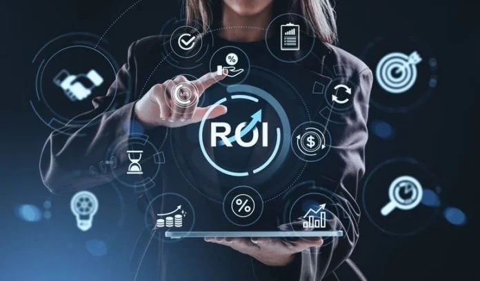 Businesswoman interacting with financial automation ROI icons on digital interface