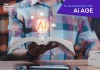 Close-up of student holding open book displaying glowing light bulb hologram containing artificial intelligence icon, representing innovation in modern education plus futuristic learning