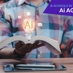 Close-up of student holding open book displaying glowing light bulb hologram containing artificial intelligence icon, representing innovation in modern education plus futuristic learning