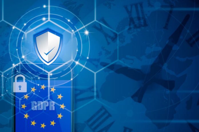Padlock over smartphone and EU flag inside mobile phone and EU map, symbolizing the EU General Data Protection Regulation or GDPR. Digital Sovereignty concept
