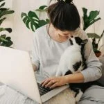 Casual girl kissing with her cat and working on laptop, sitting together in modern room with pillows and plants. Reverse Pet Insurance concept