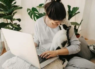 The Lawyer Method for Reversing Pet Insurance Denials Casual girl kissing with her cat and working on laptop, sitting together in modern room with pillows and plants. Reverse Pet Insurance concept