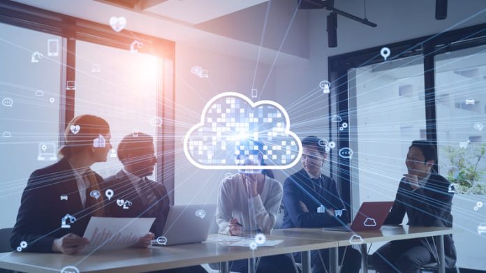 Cloud computing concept. Software as a Service. SaaS. Communication network.