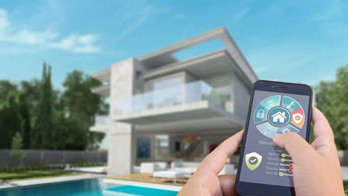 3D rendering of a modern villa with Automated Pool Systems controlled by a smartphone from the outside