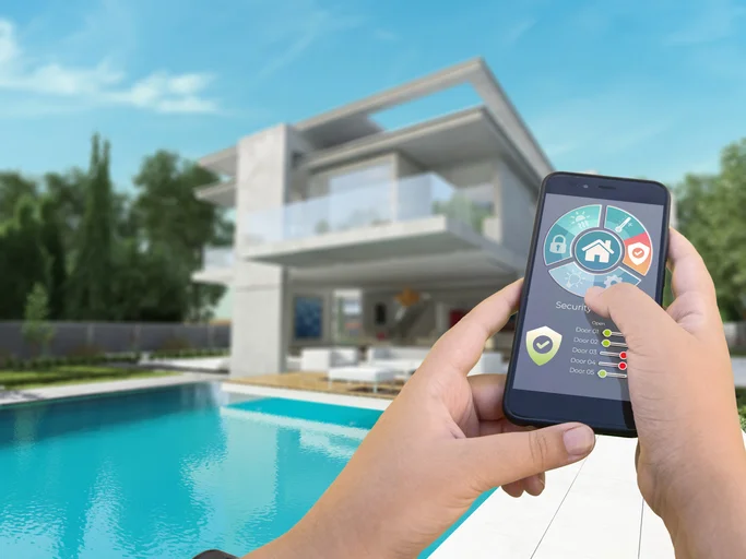 Luxurious modern smart house 3D rendering of a modern villa with Automated Pool Systems controlled by a smartphone from the outside
