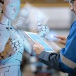 AI Isn’t Replacing Work. It’s Redefining It. Inventory fulfilment system computer-aided manufacturing digital smart AI, engineer and robot programming warehouse factory, futuristic industry modern futuristic background. AI Isn’t Replacing Work concept