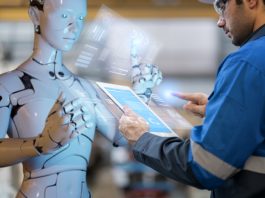 AI Isn’t Replacing Work. It’s Redefining It. Inventory fulfilment system computer-aided manufacturing digital smart AI, engineer and robot programming warehouse factory, futuristic industry modern futuristic background. AI Isn’t Replacing Work concept