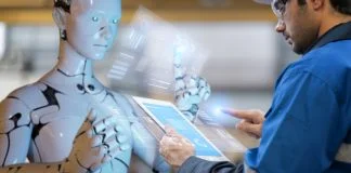 Inventory fulfilment system computer-aided manufacturing digital smart AI, engineer and robot programming warehouse factory, futuristic industry modern futuristic background. AI Isn’t Replacing Work concept