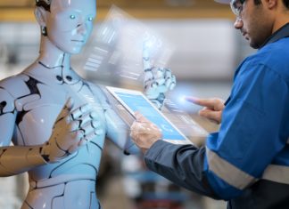Inventory fulfilment system computer-aided manufacturing digital smart AI, engineer and robot programming warehouse factory, futuristic industry modern futuristic background. AI Isn’t Replacing Work concept