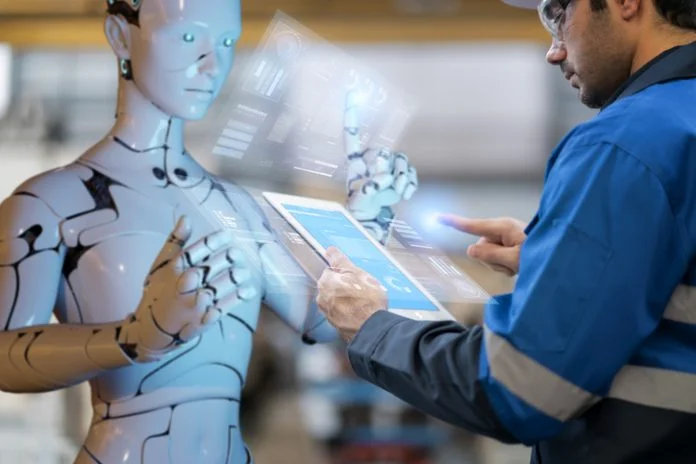 Inventory fulfilment system computer-aided manufacturing digital smart AI, engineer and robot programming warehouse factory, futuristic industry modern futuristic background. AI Isn’t Replacing Work concept