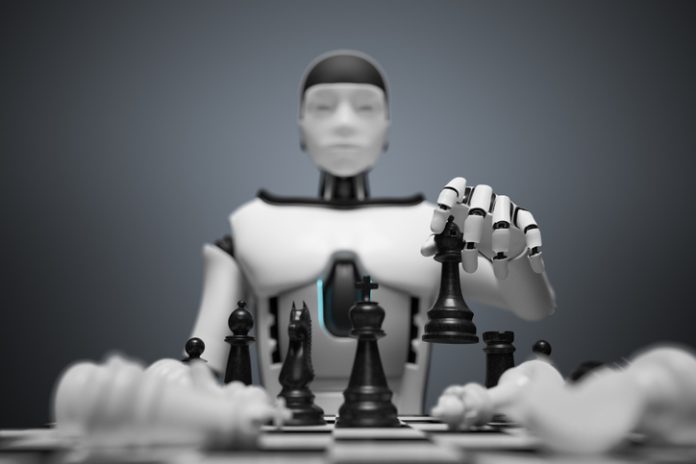 Humanoid robot is playing chess. Artificial intelligence concept. 3D rendered illustration. Agentic AI Risk. Humanoid playing chess