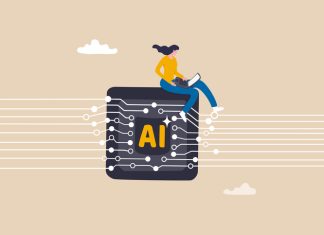 Human By Design: Five Principles for Using AI Without Burning Out Your People Working with AI artificial intelligence, technology helping or support success work, AI prompt engineer or robot assistance concept, woman work with computer laptop on AI artificial intelligence chip.