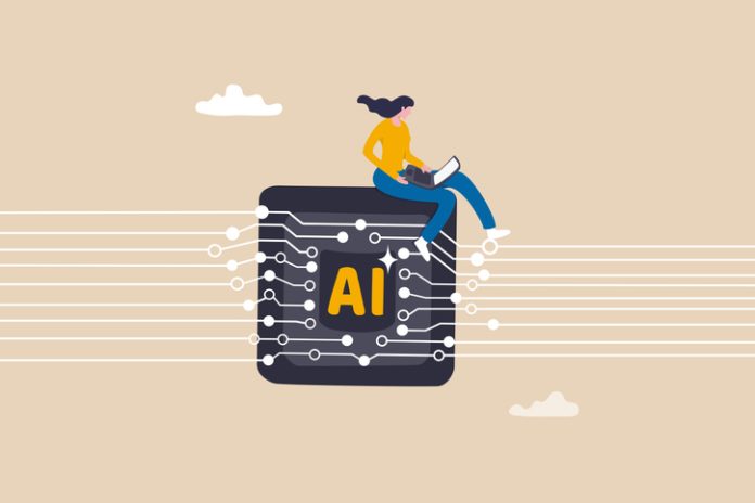 Working with AI artificial intelligence, technology helping or support success work, AI prompt engineer or robot assistance concept, woman work with computer laptop on AI artificial intelligence chip.