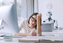 Burnout person in the workplace while working with AI