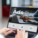 Human use laptop with video advertising branding, online content, freelance, sale, working online, content creator, marketing, Ads, digital marketing, branding, E-commerce, blog online on computer at home