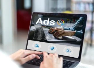 Human use laptop with video advertising branding, online content, freelance, sale, working online, content creator, marketing, Ads, digital marketing, branding, E-commerce, blog online on computer at home
