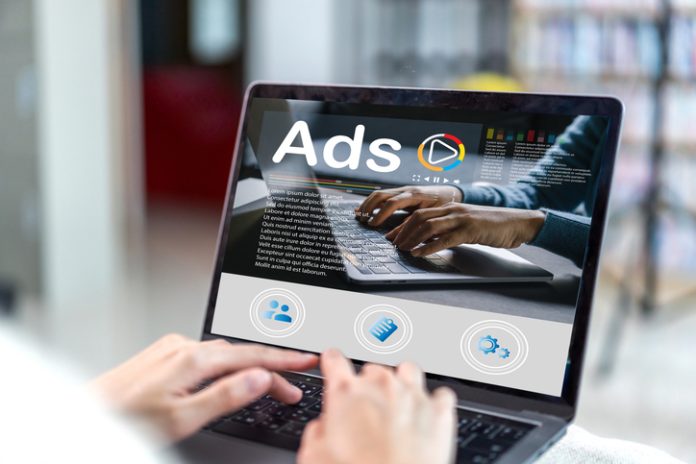 Human use laptop with video advertising branding, online content, freelance, sale, working online, content creator, marketing, Ads, digital marketing, branding, E-commerce, blog online on computer at home