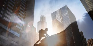 Man climbing up steep mountain. Business, achievement, success. Kabbalistic insights for success concept