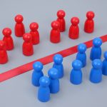 The Better Boards Podcast Series: Boardrooms and Battlegrounds – Closing the Geopolitical Risk Gap roups of blue and red people figures separated by red line. Geopolitica risks