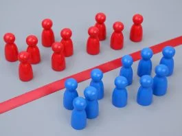 The Better Boards Podcast Series: Boardrooms and Battlegrounds – Closing the Geopolitical Risk Gap roups of blue and red people figures separated by red line. Geopolitica risks