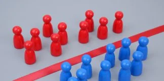 The Better Boards Podcast Series: Boardrooms and Battlegrounds – Closing the Geopolitical Risk Gap roups of blue and red people figures separated by red line. Geopolitica risks