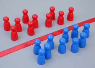 The Better Boards Podcast Series: Boardrooms and Battlegrounds – Closing the Geopolitical Risk Gap roups of blue and red people figures separated by red line. Geopolitica risks