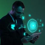 Businessman with digital currency icons and green holographic interface in neon lightning.
