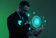 The Future of Digital Currency in 2026 is All About Architecture Businessman with digital currency icons and green holographic interface in neon lightning.