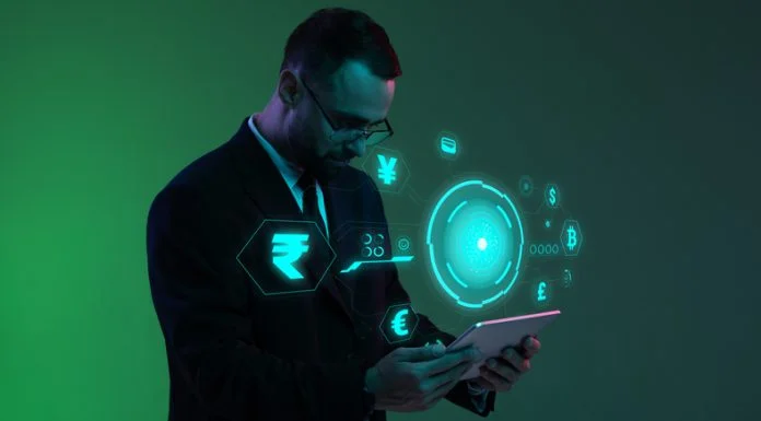 The Future of Digital Currency in 2026 is All About Architecture Businessman with digital currency icons and green holographic interface in neon lightning.