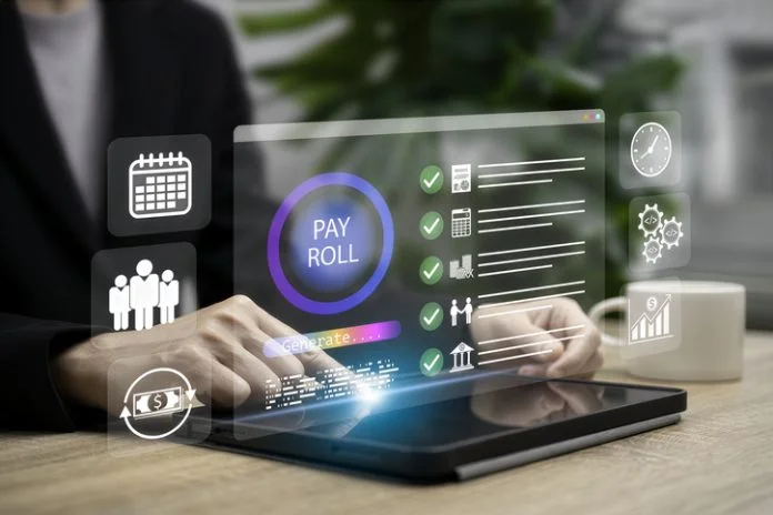 Payroll and AI System Concept, Businesswoman Using Artificial Intelligence, Software to Manage Automated Salary Payments, Invoices, Expenses, Corporate Tax Planning for Efficient Financial Operations HR Payroll Systems for Global Contractor Teams