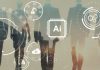 Modern AI and technology concept with glowing circular nodes and connections.