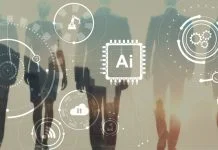 Modern AI and technology concept with glowing circular nodes and connections.