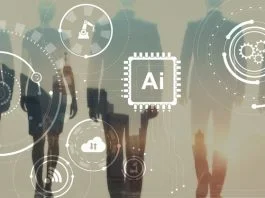 Modern AI and technology concept with glowing circular nodes and connections.