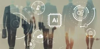 Modern AI and technology concept with glowing circular nodes and connections.